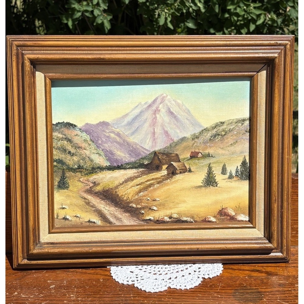 Vtg Mountain Landscape Oil Painting Rustic Cabin Decor Wood Frame Linen Lined